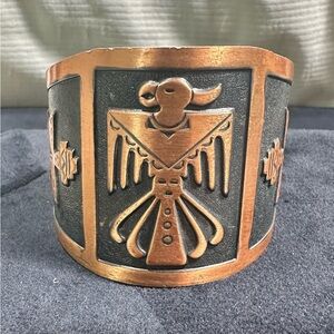 Vtg: Copper Toned Wide Thunderbird Cuff Bracelet